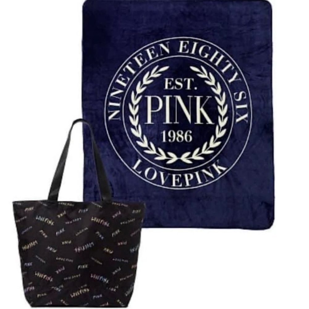 PINK Victoria's Secret sherpa navy blanket and Tote